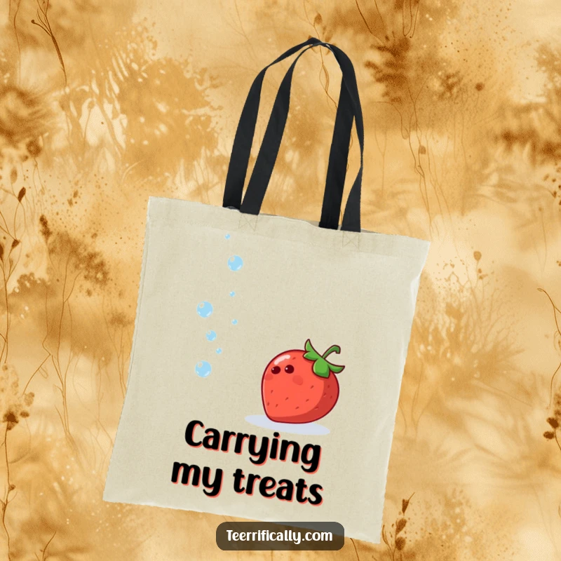 Funny tote bag with a cheerful strawberry juggling sparkling water droplets, ideal for market trips.