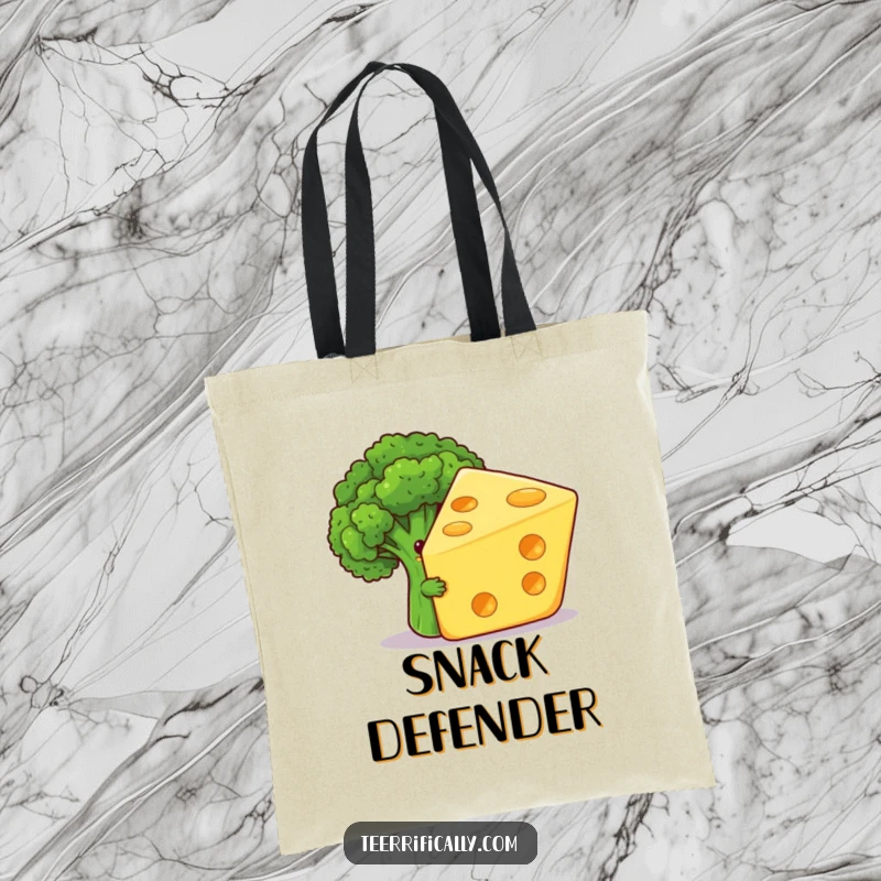 Funny tote bag with a shy broccoli floret humorously hiding behind a giant, grinning cheese slice, a quirky carry-all for food lovers.