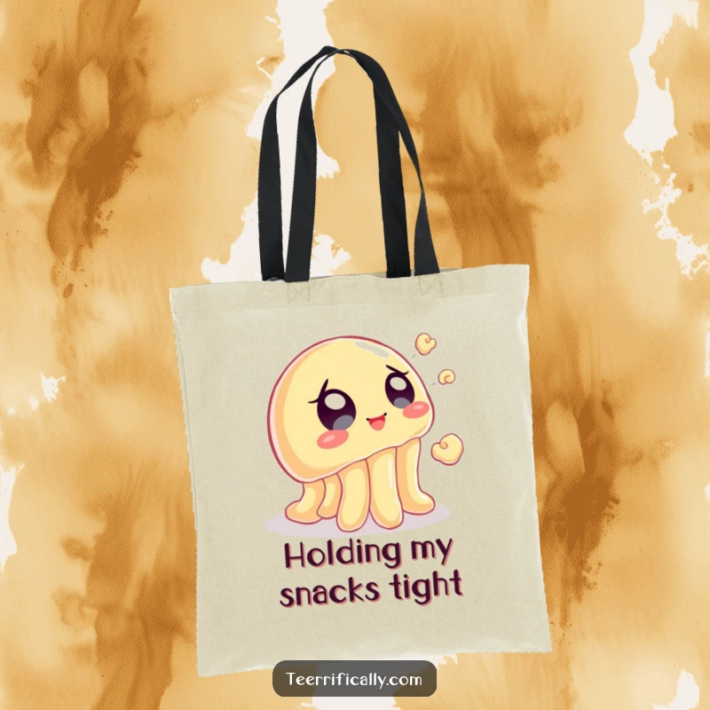 Funny tote bag with a wobbly jelly eagerly trying to catch a flying popcorn kernel, perfect for carrying snacks humorously.