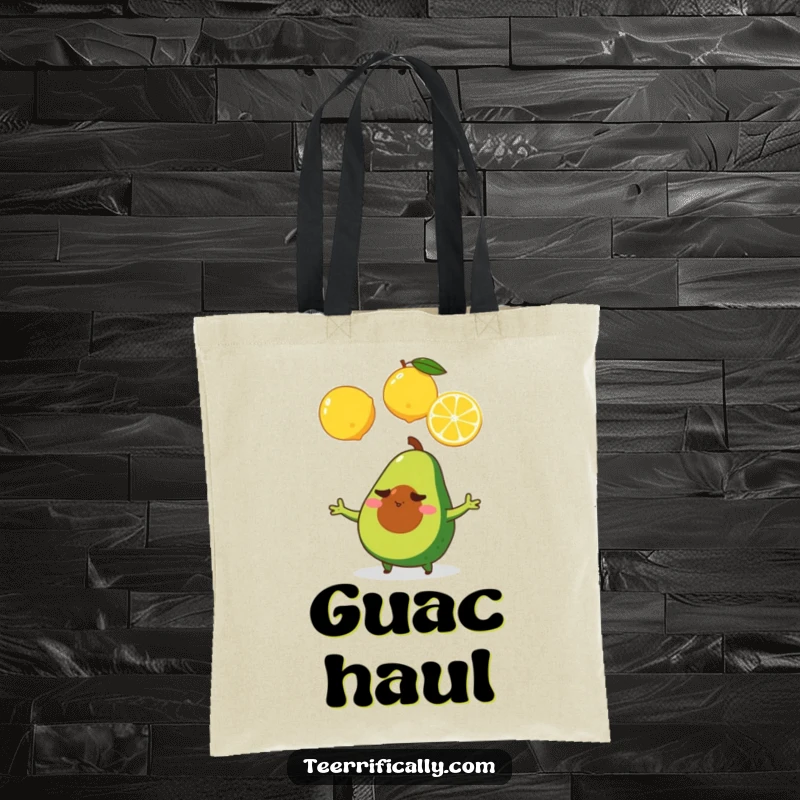 A determined tiny avocado juggling three lemons, illustrated on a durable tote bag, representing preparedness and effort.