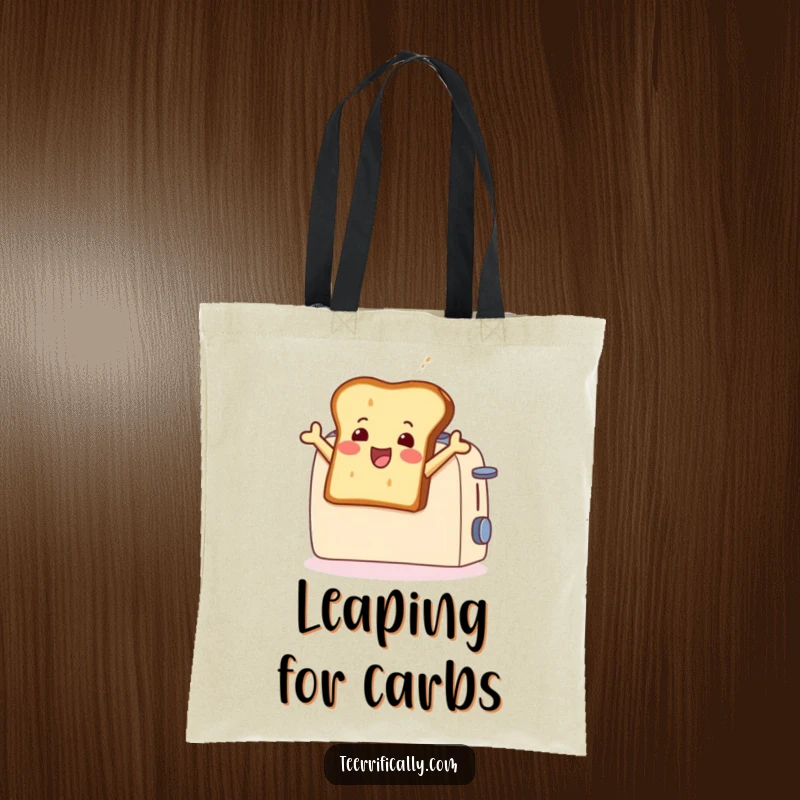 Funny tote bag depicting a happy toast slice leaping joyfully from a toaster, perfect for carrying groceries with a burst of breakfast humor.