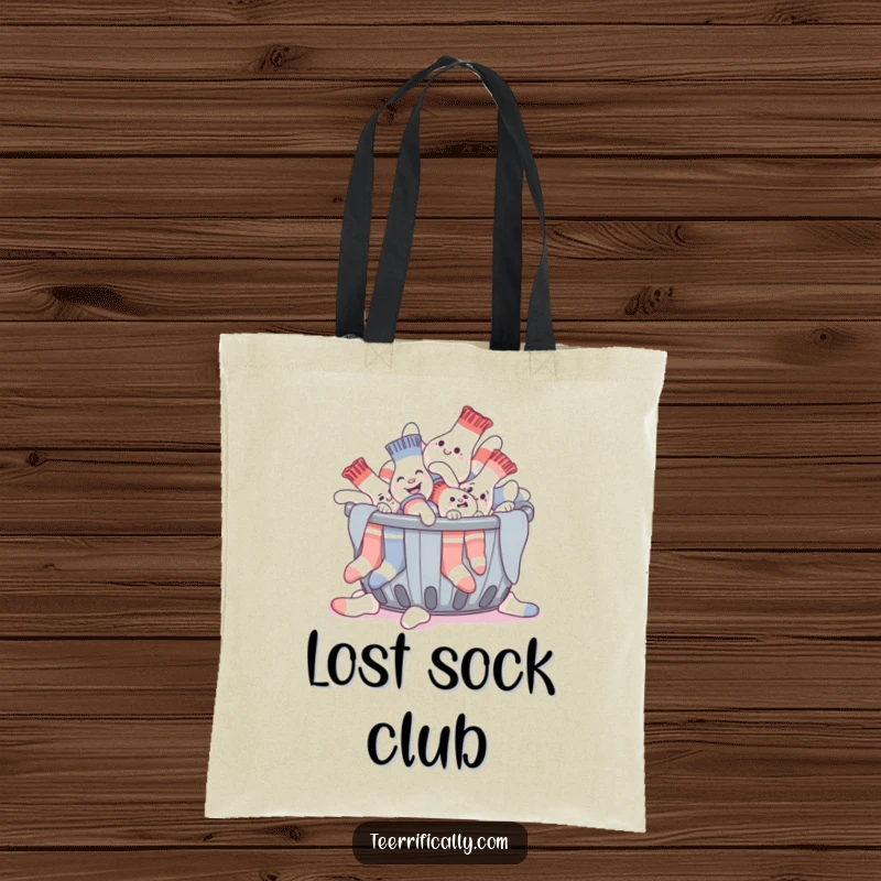 Funny tote bag with a giggling pile of socks humorously trying to escape a laundry basket, a quirky carry-all for laundry day.