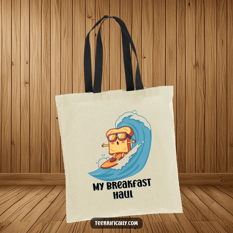 Surprised toast wearing goggles, surfing a marmalade wave, on a durable tote bag, providing a humorous and adventurous way to carry items.