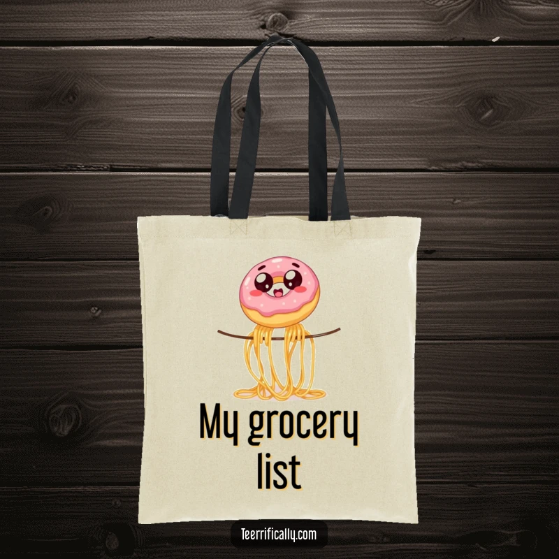 Wobbly jelly donut with wide eyes, balancing on spaghetti, on a durable tote bag, providing a humorous and precarious way to carry items.