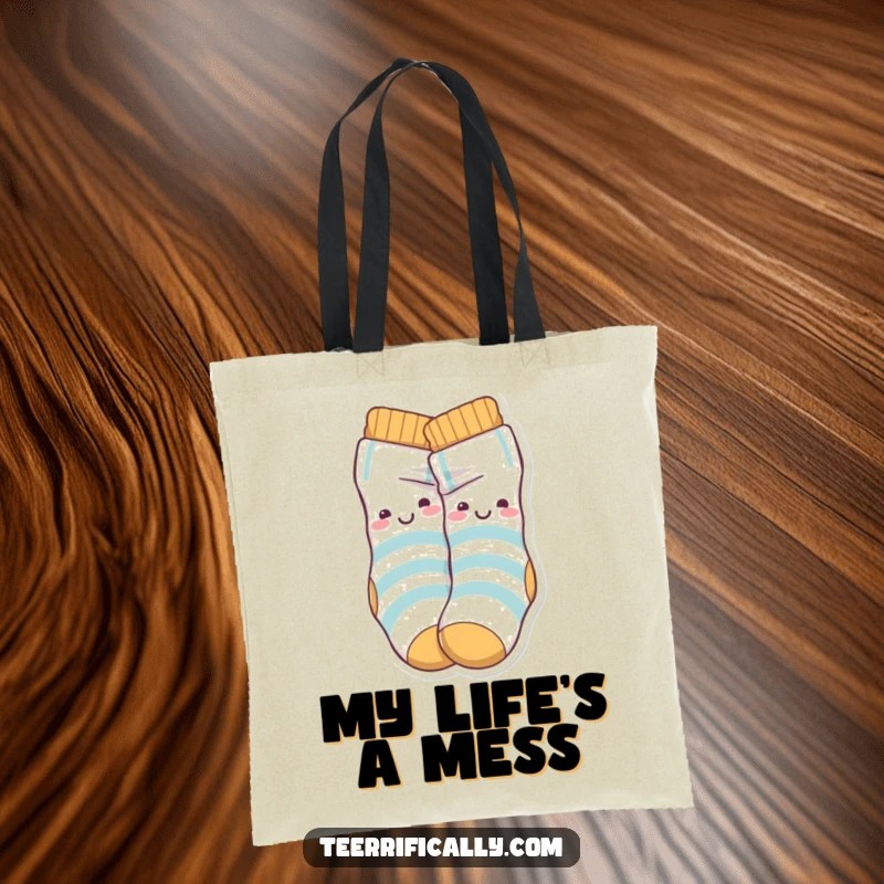 Funny Tote Bag featuring playful sock characters happily tied together in a knot, great for carrying humorous necessities.