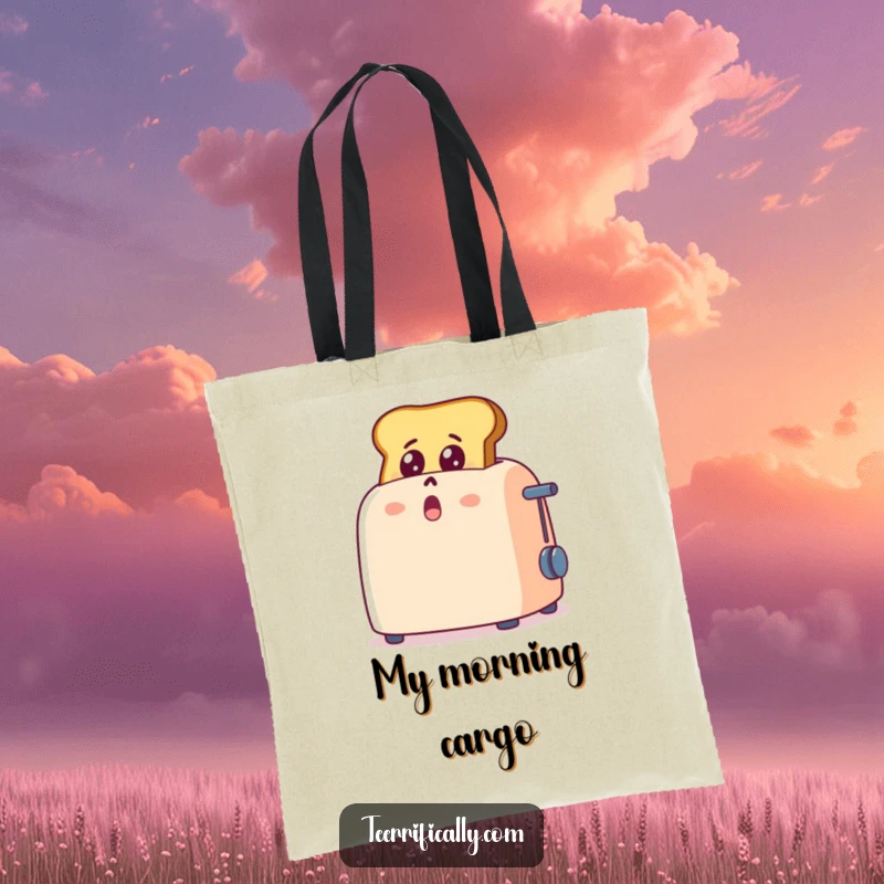 Funny cartoon toast popping out of a toaster, wide-eyed with shock and delight, stylish tote bag for breakfast lovers, humorous accessory.